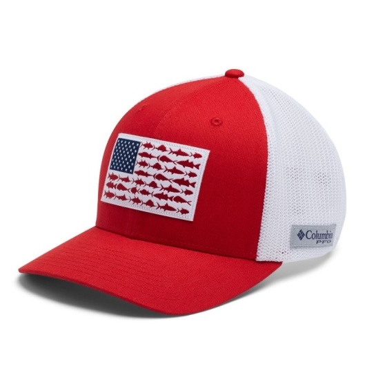 Red White Men's Columbia PFG Mesh Fish Flag Baseball Cap Hats | PHVXYU-678