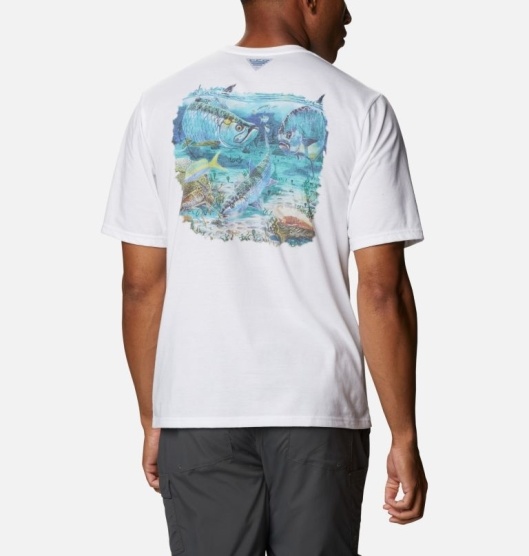 White Men's Columbia PFG Carey Chen T-Shirt | RNIEJG-784